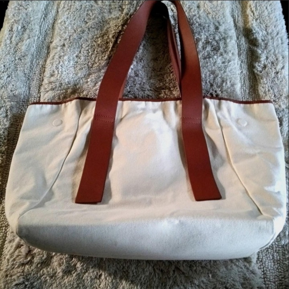 Cuyana Cream Colored Canvas Tote Bag with Caramel Color Leather Straps - Picture 2 of 6